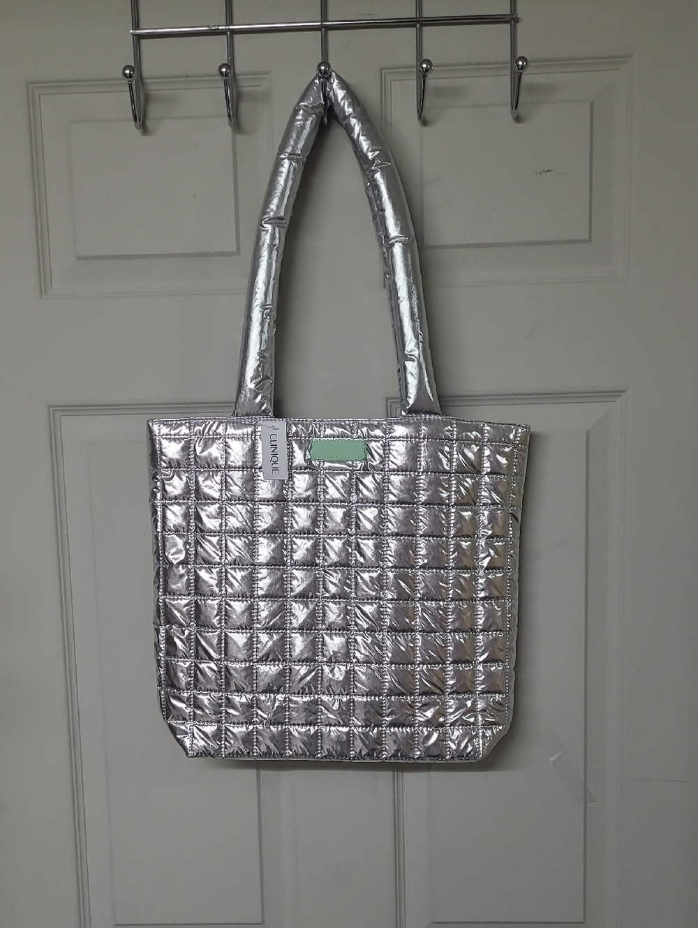 Clinique Silver Quilted Tote Bag Green Interior NWT